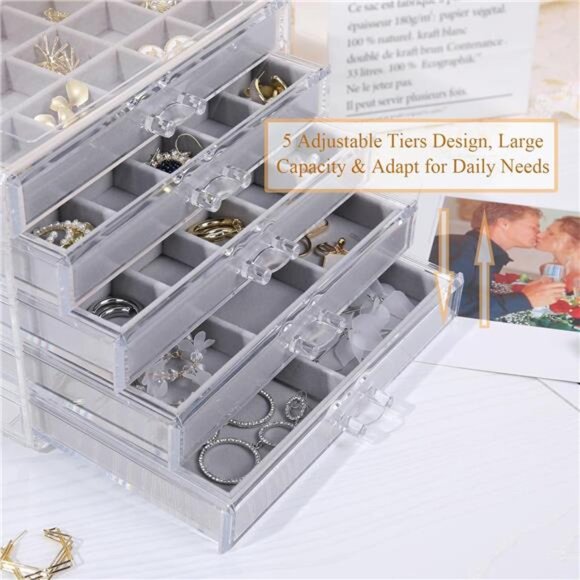 Earring Jewelry Organizer Acrylic Box 5 Drawers Velvet Display Holder Gray Women - Picture 5 of 7